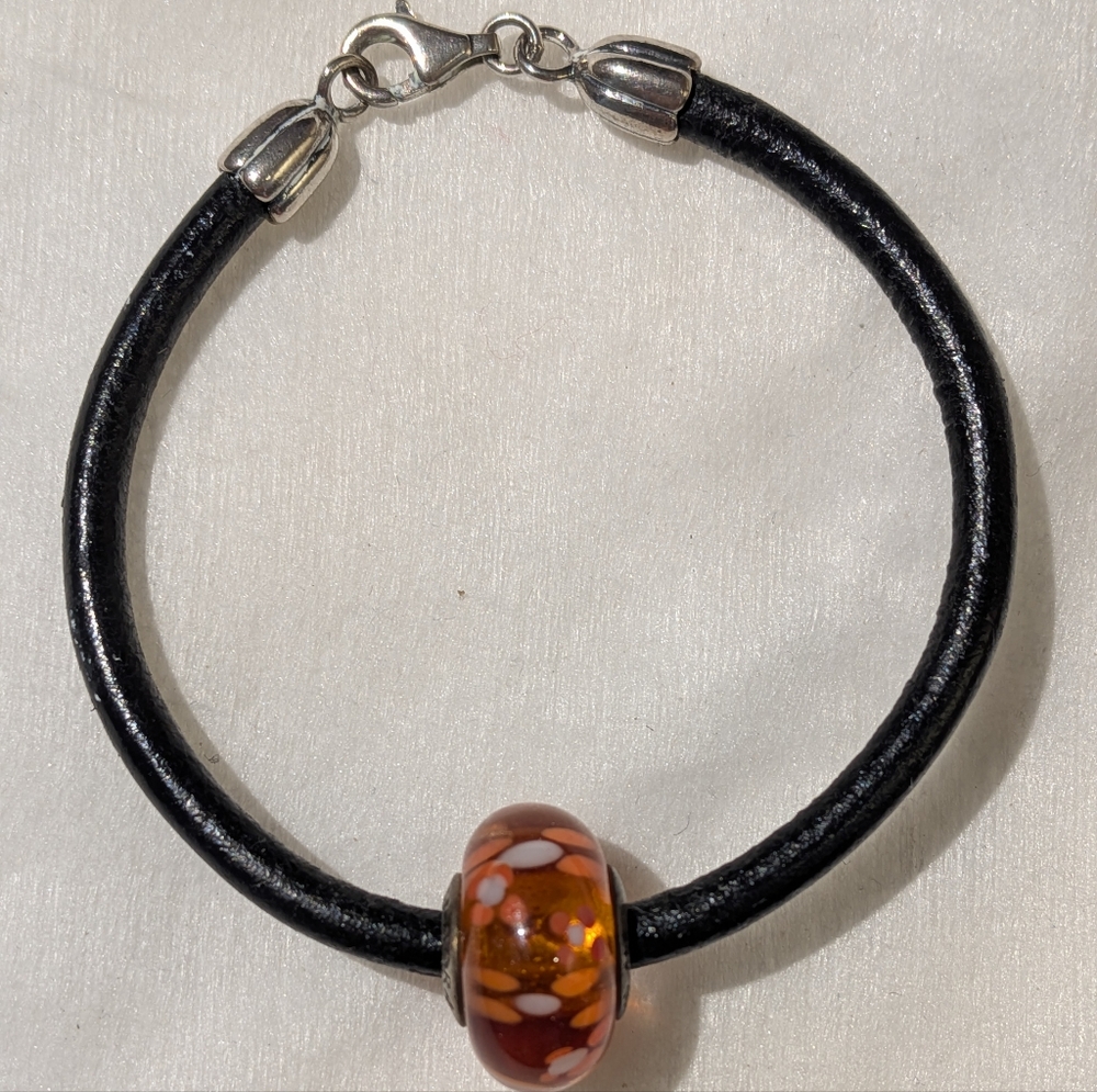 Pandora Sterling Silver Orange Murano Charm Leather Bracelet With SS Clasp